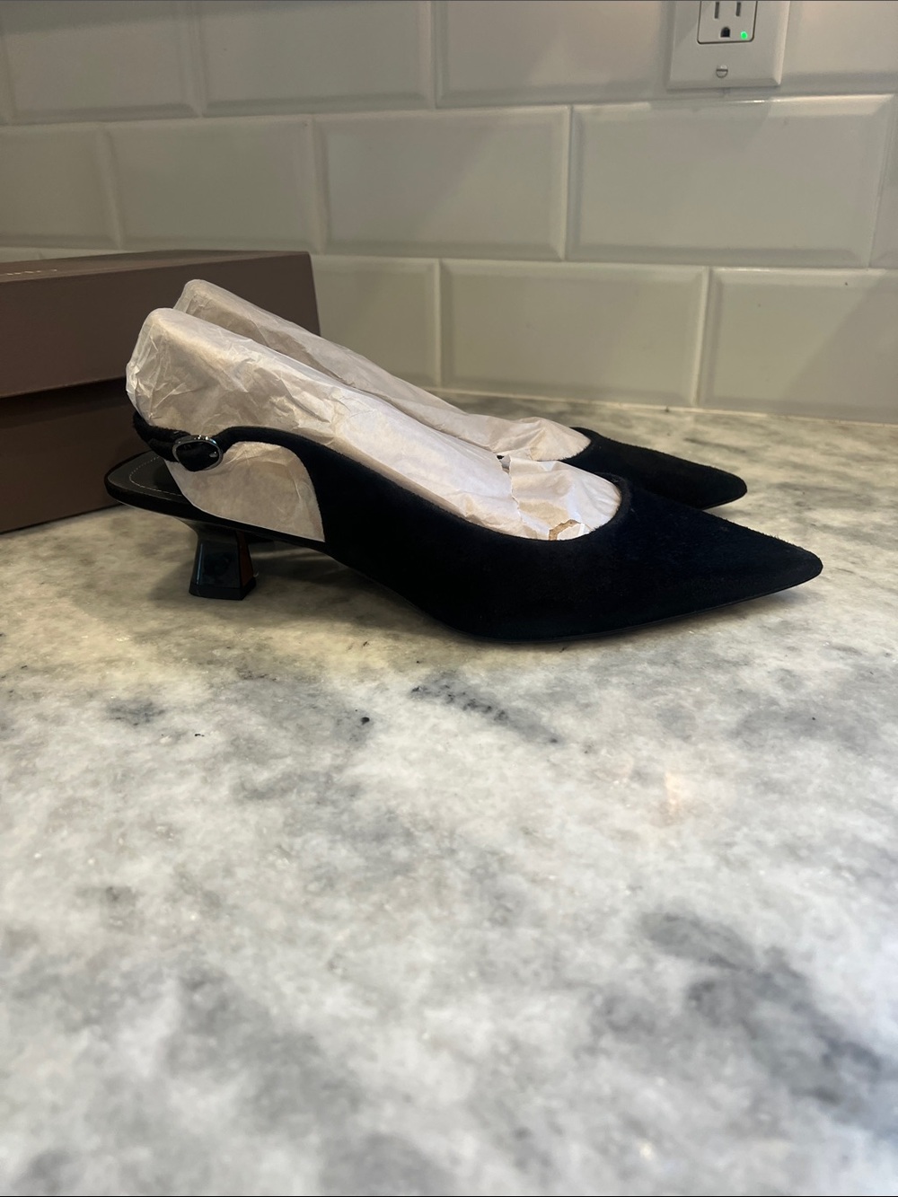 Franco Sarto Black Pointed-Toe Slingback Kitten Heels